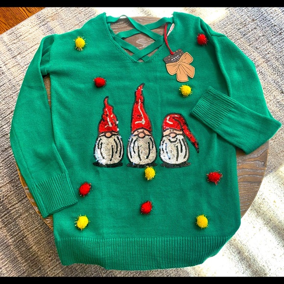 NWT Cute Ugly Sweater? Three Sequined Gnomes Women’s Size Small Cross Open Back - Picture 2 of 4